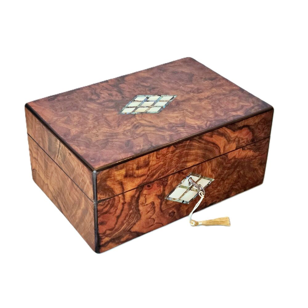 Victorian burr walnut & inlaid jewellery box.