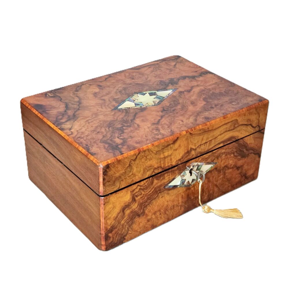 Victorian burr walnut & inlaid jewellery box.