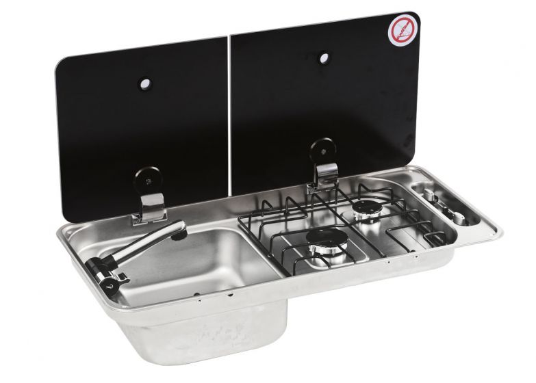 FL1402IGL CAN Twin Burner & Sink Split Pane Folding Glass Lid (Left Hand Sink) Including Waste