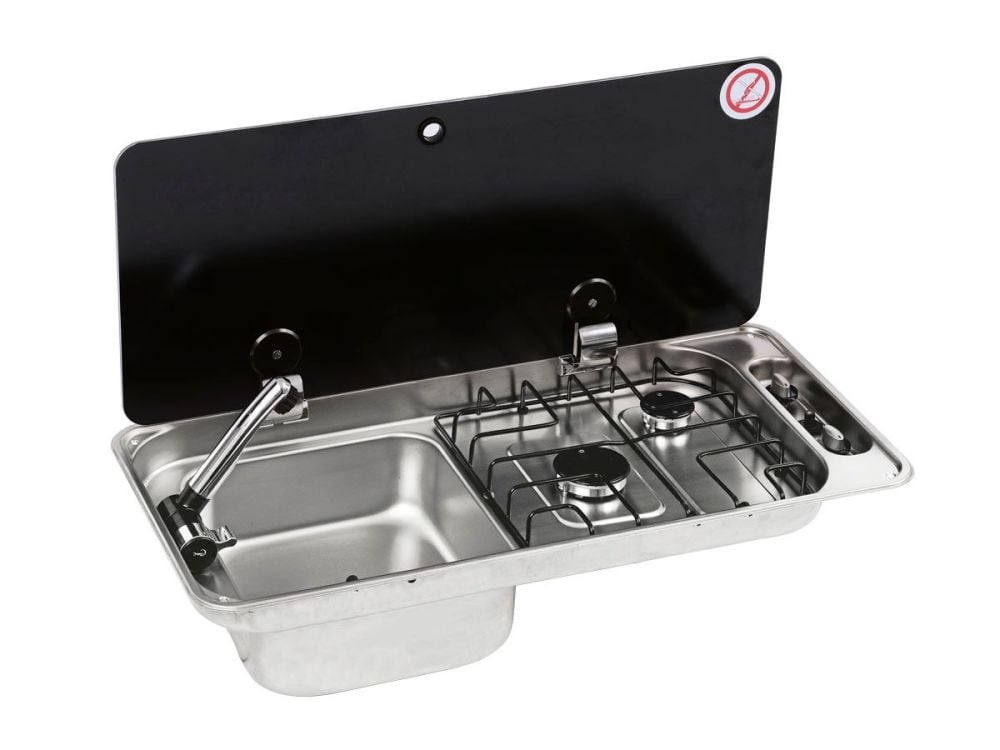CGC1410IGL CAN Twin Burner & Sink with Folding Glass Lid (Left Hand Sink) Including Waste (CLP1800)