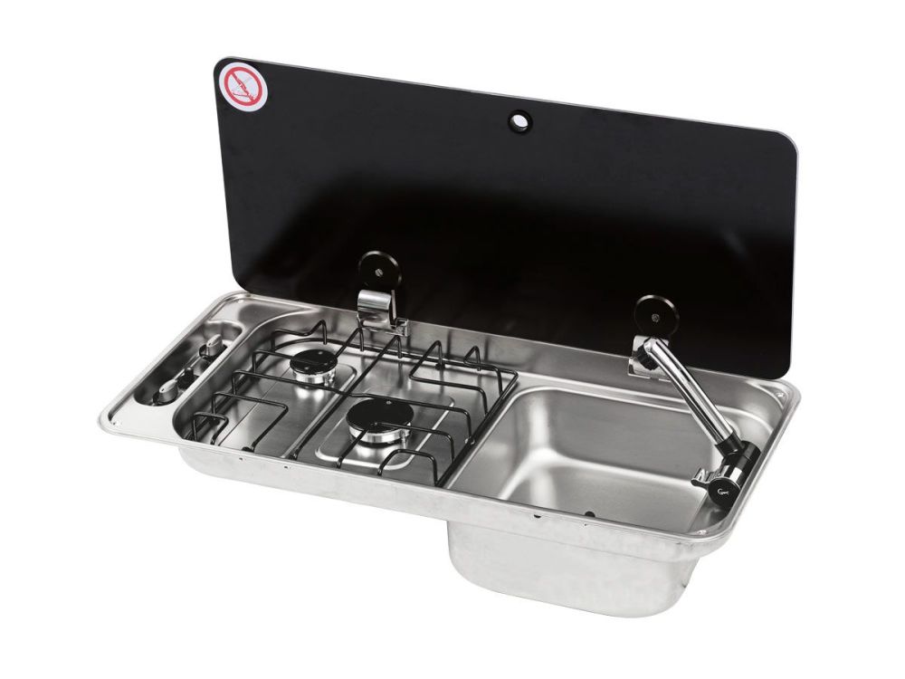 FL1400IGR CAN Twin Burner & Sink with Folding Glass Lid (Right Hand Sink) Including Waste