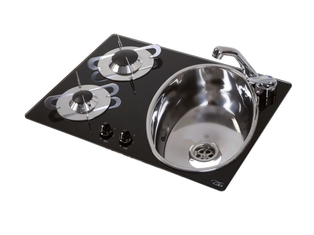 PV1362 CAN Crystal Glass Combo Unit 2 Burner Oval Sink (Right Hand Sink) Including Waste