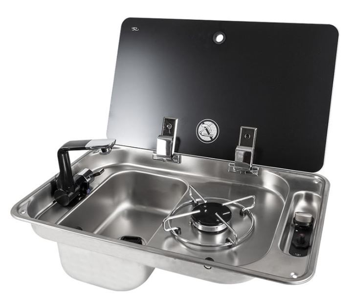 FL1324 CAN Single Burner & Sink with Folding Glass Lid (Left Hand Sink) Including Waste