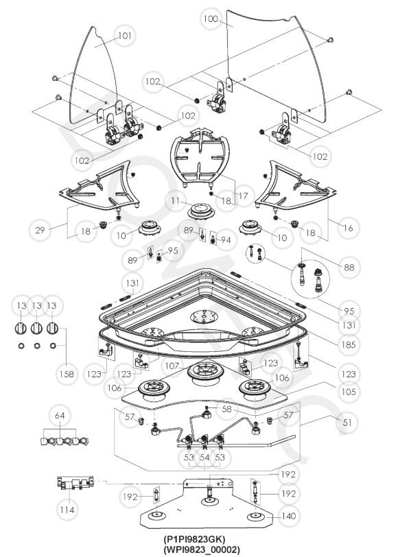 PI9823 - 3 Burner Triangular Hob Unit (958048097) Exploded