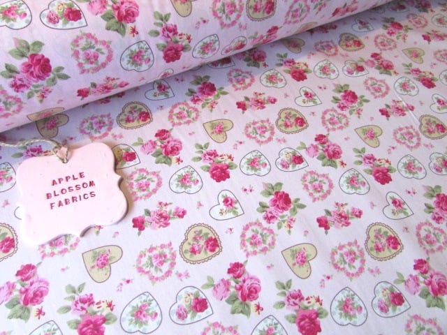 Pink Rose Vintage Floral Hearts 100% Cotton