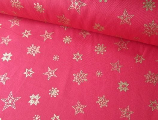 Gold Christmas Stars and Snowflakes on Red by Rose & Hubble 100% Cotton