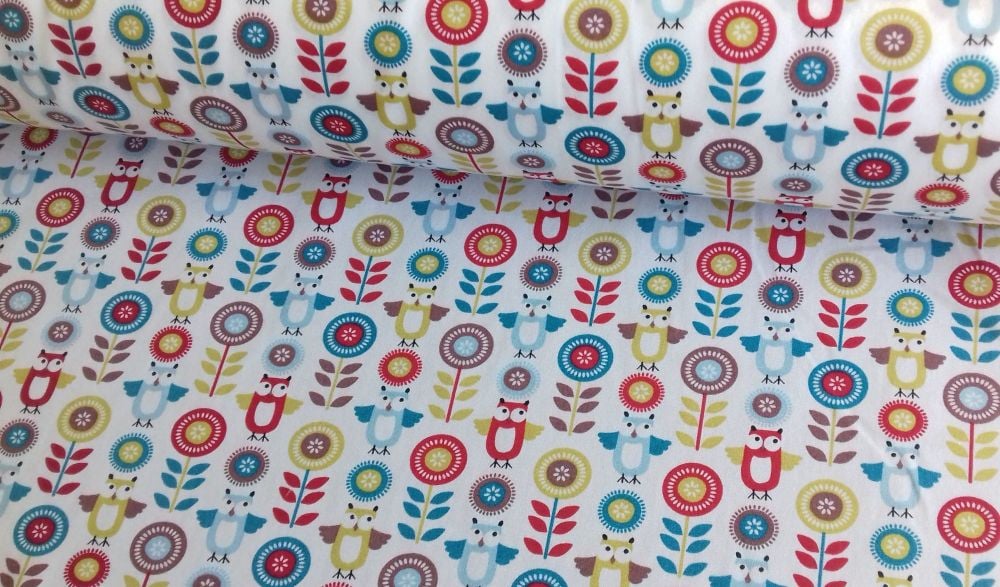 Owls & Flowers Red Blue Green by Rose & Hubble 100% Cotton