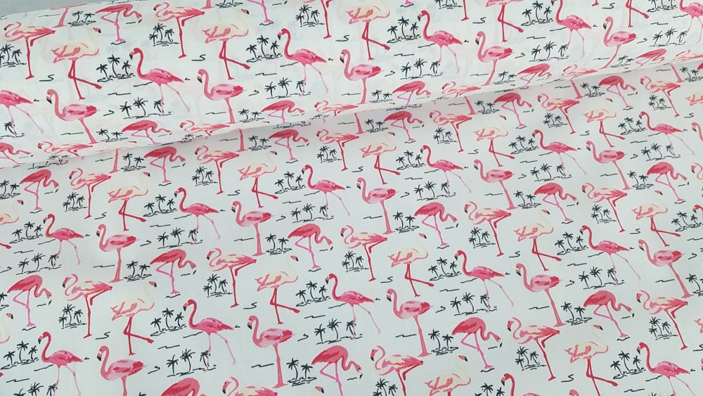 Tropical Pink Flamingoes on White by Rose & Hubble 100% Cotton