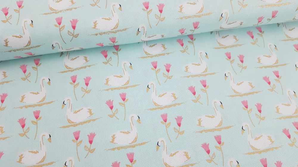 Swans A Swimming Seafoam Mint by Michael Miller Fabrics 100% Cotton