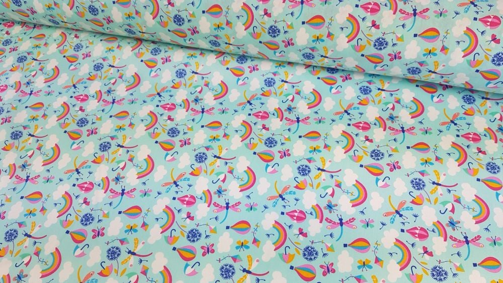 Happy Days Rainbows Hot Air Balloons Mint Blue by Rose & Hubble 100% Cotton