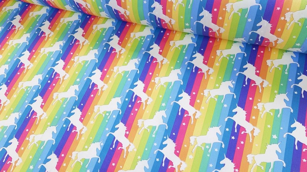 Unicorns on Bright Rainbow Stripe by Rose & Hubble 100% Cotton