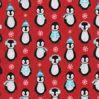 Bundled Buddies Penguins Red Flannel by Robert Kaufman Fabrics