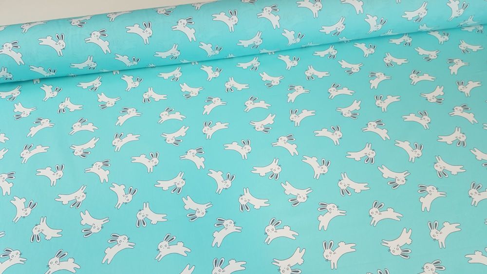 Bunny Jump Aqua Blue by Rose & Hubble 100% Cotton