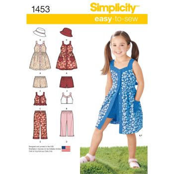 Simplicity Easy to Sew Girls Dress, Top, Trousers or Shorts and Hat Pattern 1453 Size A (3-4,5-6,7-8) 