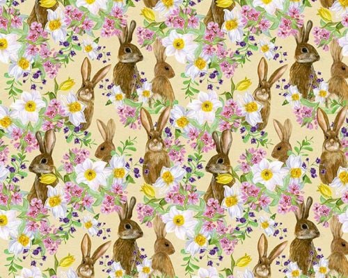 Bunnies & Flowers on Lemon 100% Cotton Extra Wide