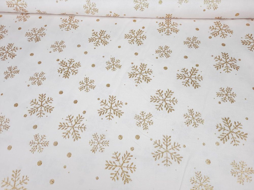 Gold Sparkly Snowflakes on Ivory by Rose & Hubble Extra Wide 100% Cotton