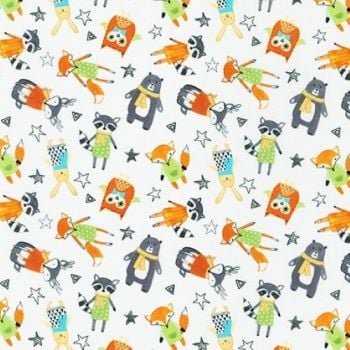 Neighbourhood Pals White Raccoon Owl Fox Bear Bunny by Robert Kaufman Fabrics 100% Cotton