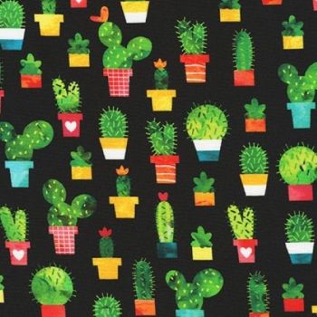 Chilli Smiles Cactus on Black by Robert Kaufman Fabrics 100% Cotton
