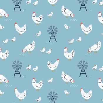 Farm Days Chickens on Blue by Dashwood Studio 100% Cotton