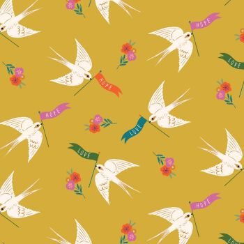 Good Vibes Hope Love Doves Mustard by Dashwood Studio 100% Cotton