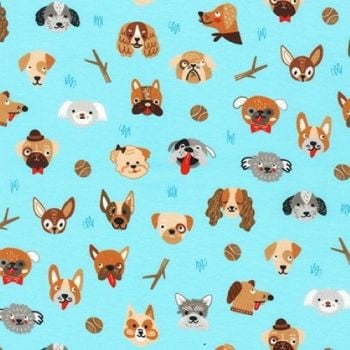 Whiskers and Tails Dogs Faces on Blue by Robert Kaufman Fabrics 100% Cotton