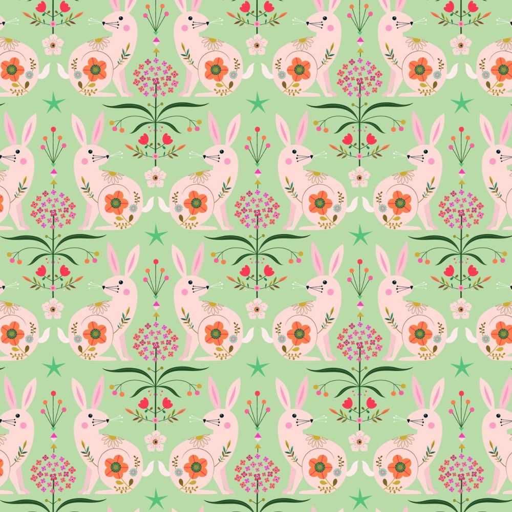 Tree of Life Pink Rabbits on Pale Green by Dashwood Studio 100% Cotton