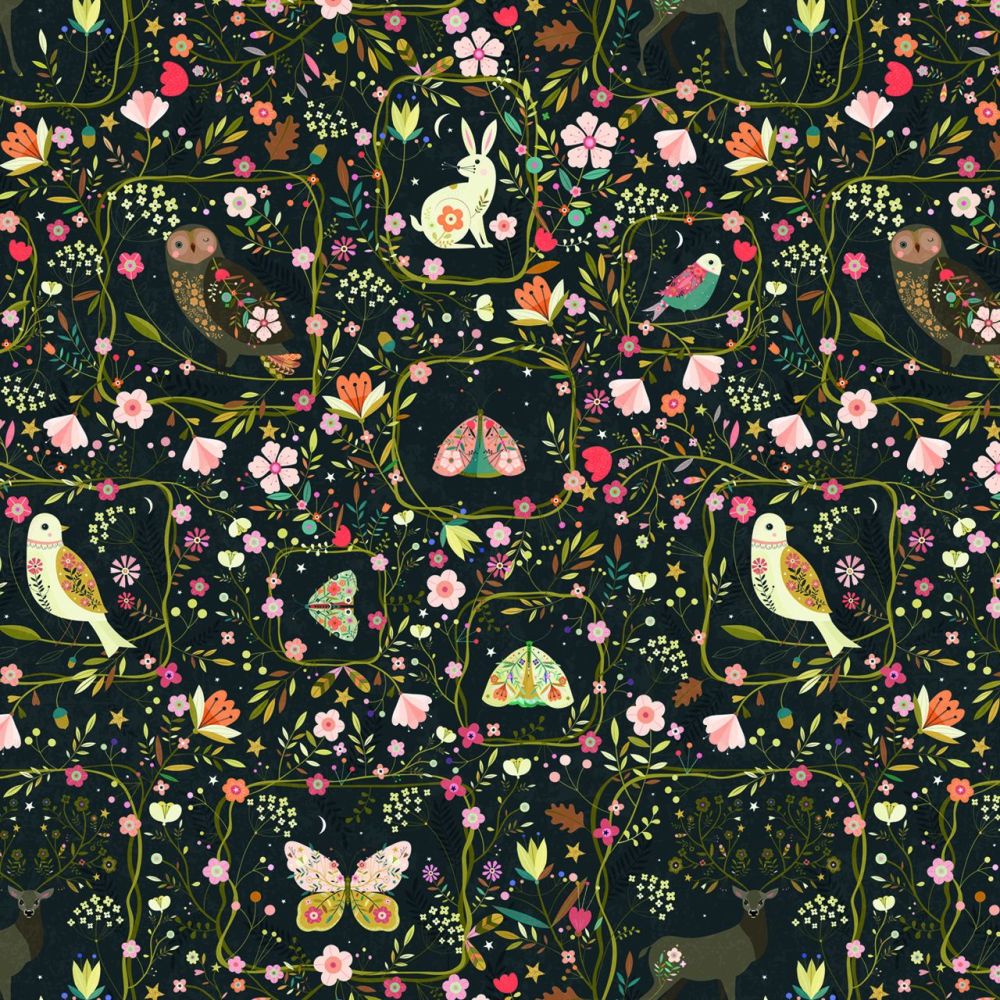 Tree of Life Animals & Flowers on Black by Dashwood Studio 100% Cotton