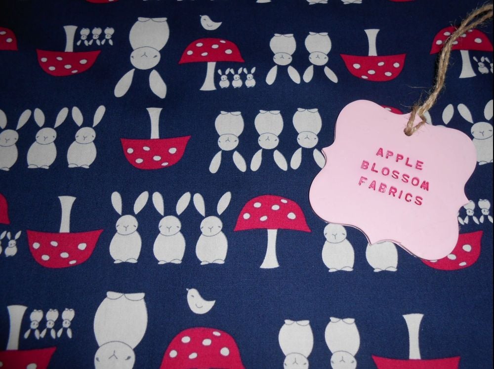 Bunnies and Toadstools Navy 100% Cotton