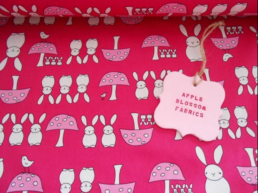 Bunnies and Toadstools Pink 100% Cotton