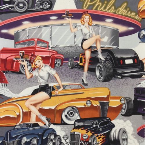 Alexander Henry PHIL'S DRIVE-IN Fabric - Vintage Grey