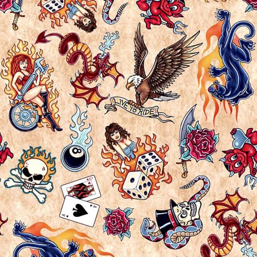 Quilting Treasures EASY RIDER TATTOOS - Tan