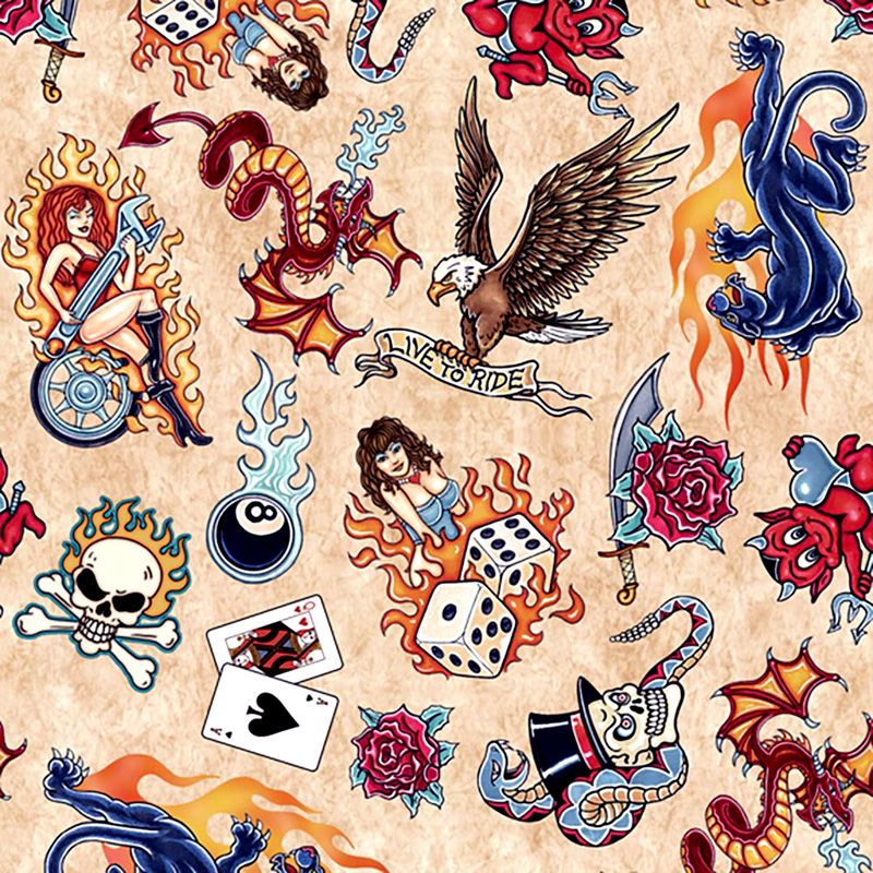 Quilting Treasures EASY RIDER, TATTOO TOSS - Tan 