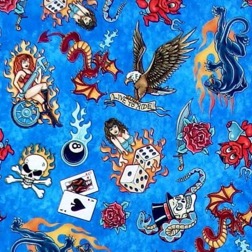 Quilting Treasures EASY RIDER TATTOOS - Blue