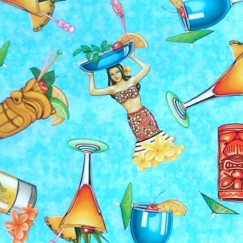 Quilting Treasures POSTCARDS FROM PARADISE, TROPICAL DRINKS Fabric – Aqua