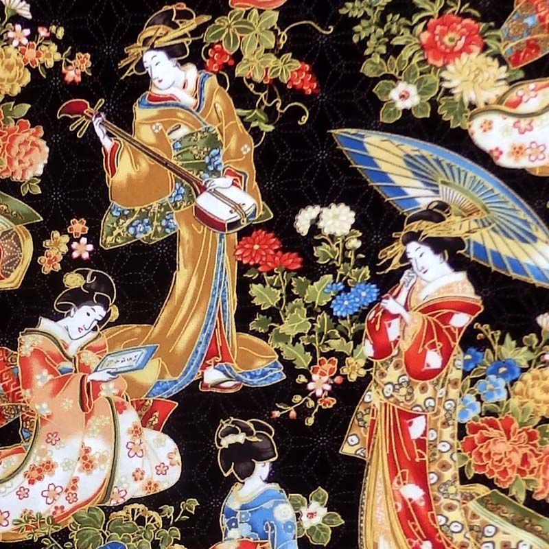 Northcott KYOTO GARDEN METALLIC GEISHA Fabric - Black
