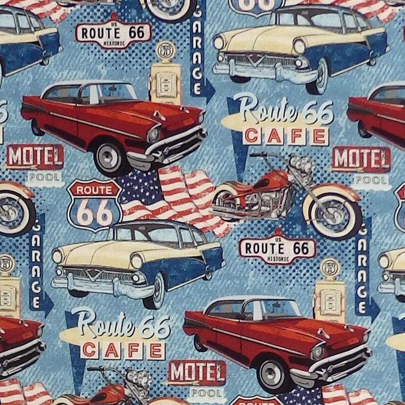 Northcott ROUTE 66 CARS AND CYCLES Fabric - Denim