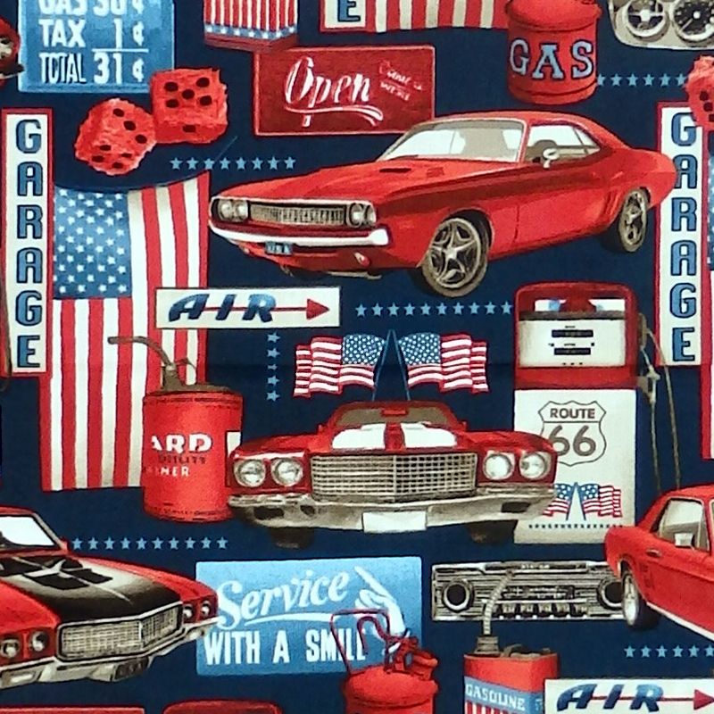 Studio E AMERICAN MUSCLE Fabric - Patriotic Garage Collage