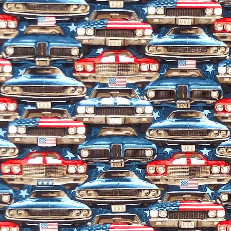 Studio E AMERICAN MUSCLE PATRIOTIC Fabric - On Coming Cars