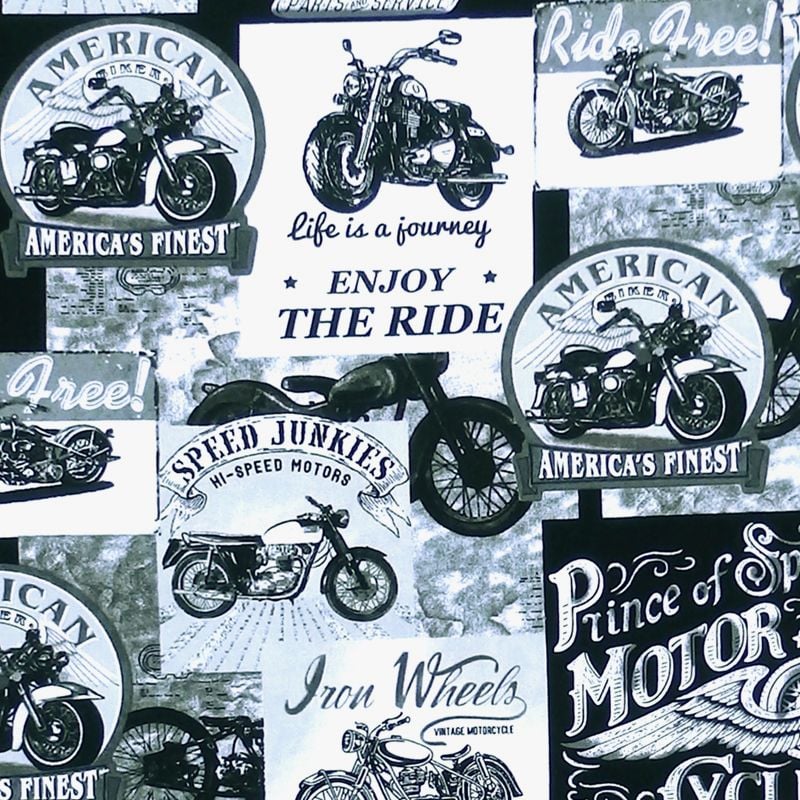 Timeless Treasures PACKED VINTAGE MOTORCYCLE SIGNS Fabric - Grey