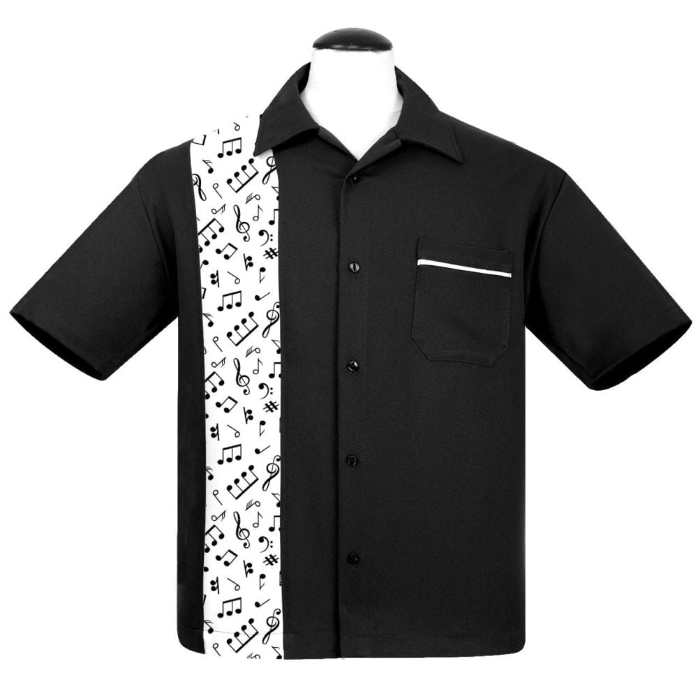 Steady Clothing Music Note Print Panel Button Up Shirt - Black / White