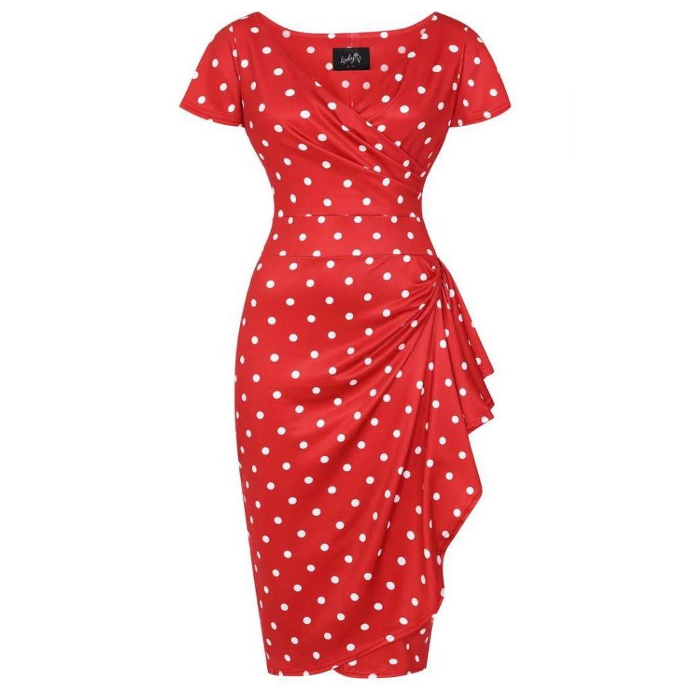 Lady Vintage Elsie Wiggle Dress - Polka Dot - Red