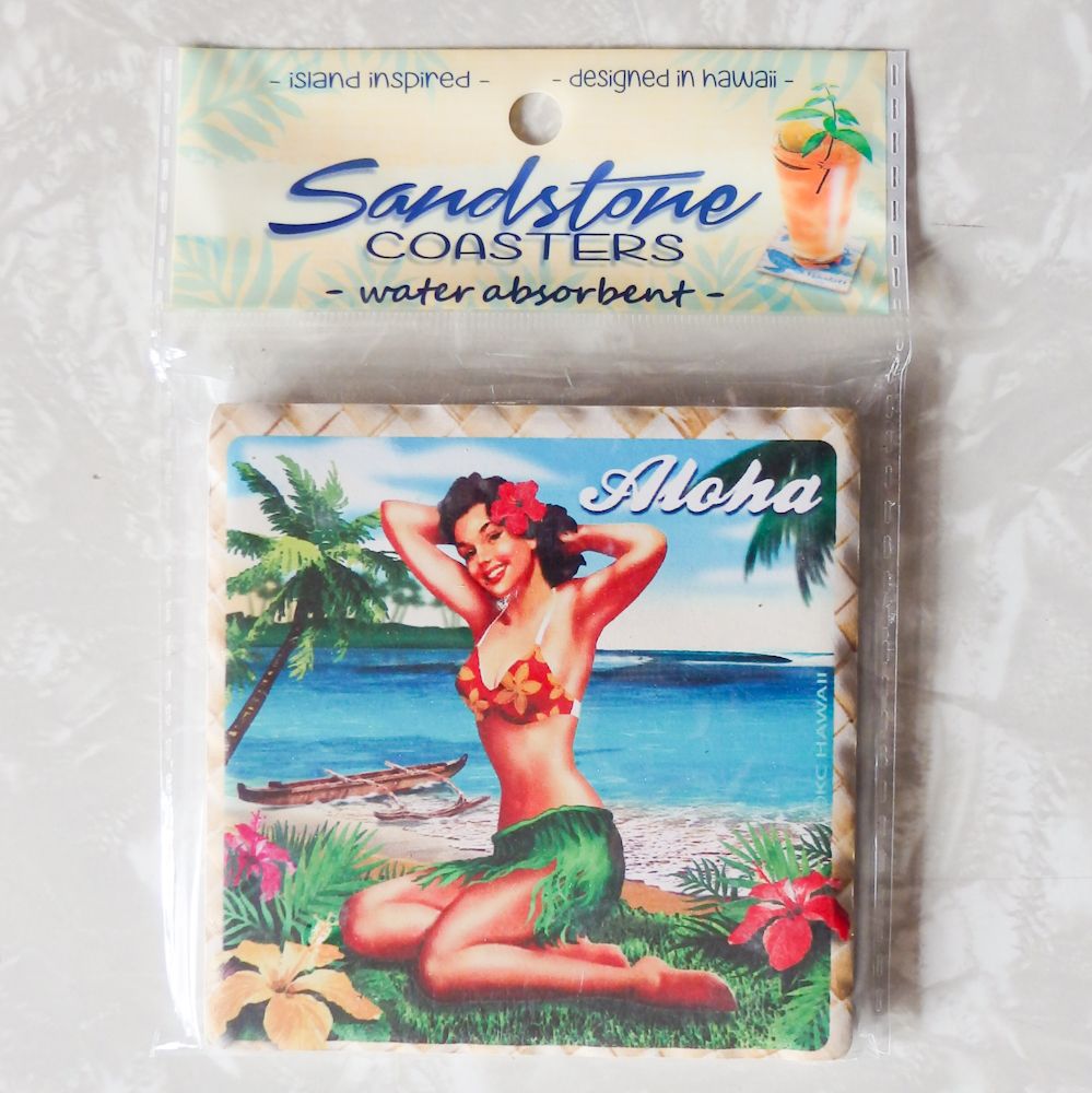 Aloha Pin-Up Girl Posing Sandstone Coaster