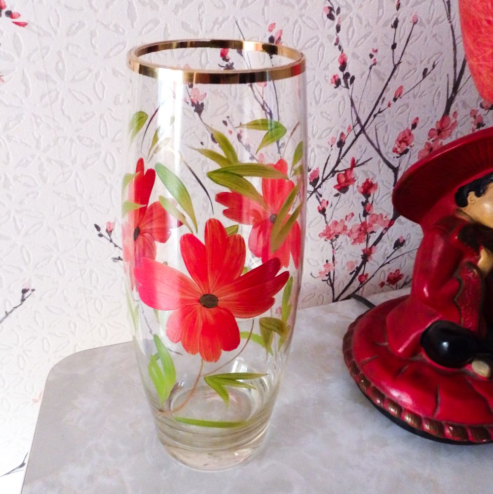 Tall Vintage Hand Painted Floral Glass Vase