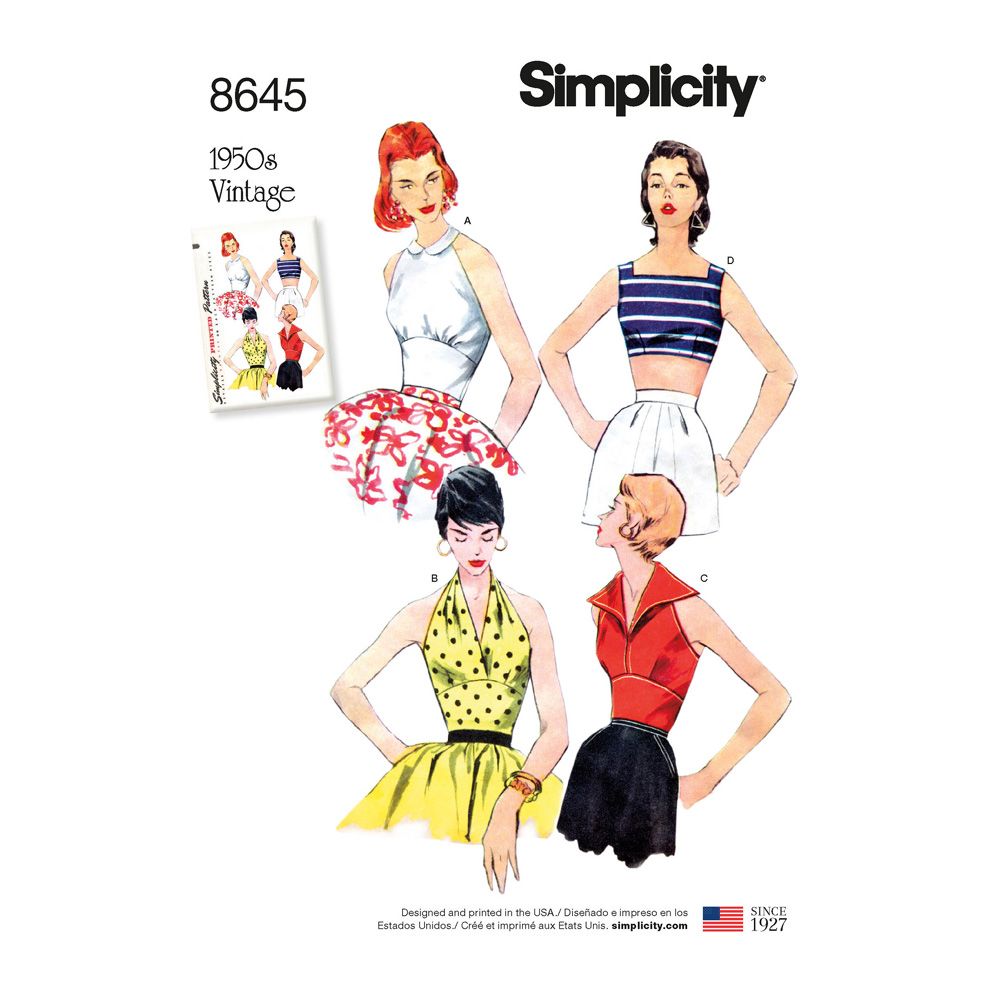 Simplicity 8645 - 1950s vintage style Halter and Sun Tops Pattern