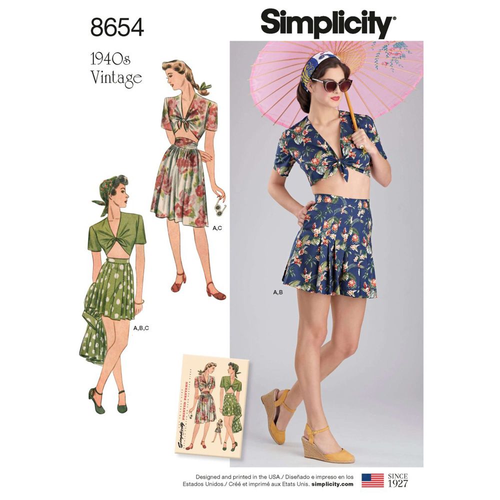 Simplicity 8654 - 1940s Vintage Skirt, Shorts and Tie Top Pattern
