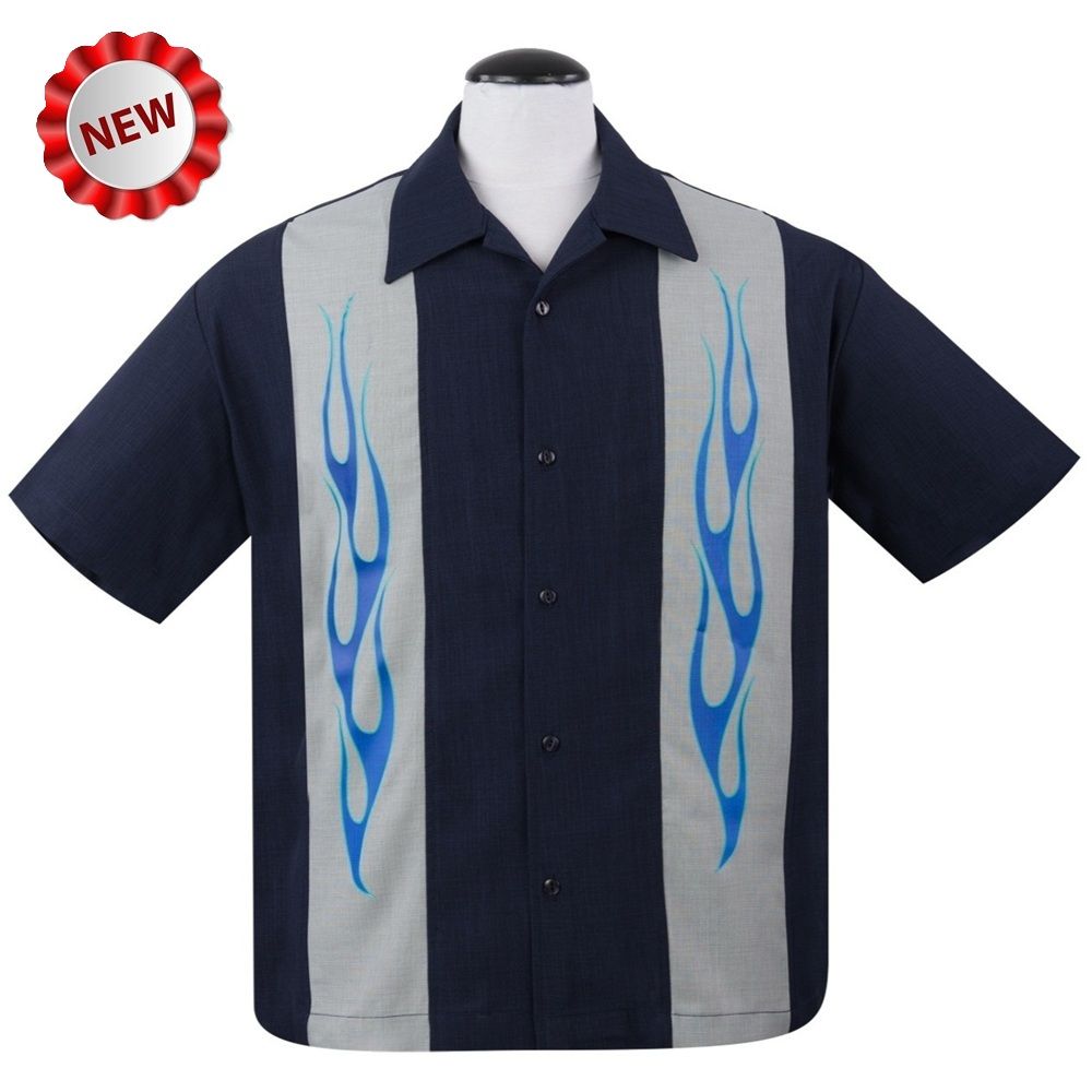 Steady Clothing Flame N Hot Button Up Shirt - Black/Silver/Blue
