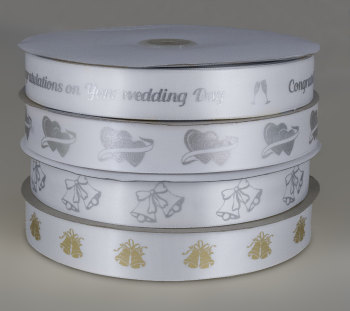 White Wedding print ribbon 25mm