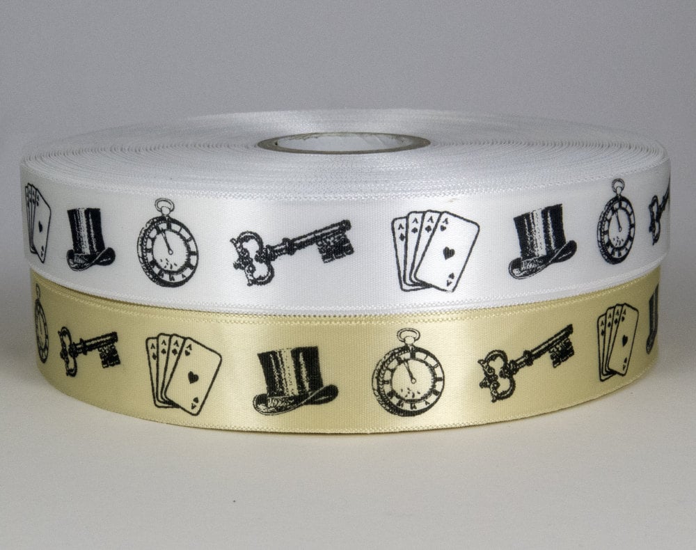 Vintage print satin ribbon 25mm - top hat, key, watch and playing cards
