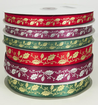 Holly design satin ribbon 25mm and 15mm widths 