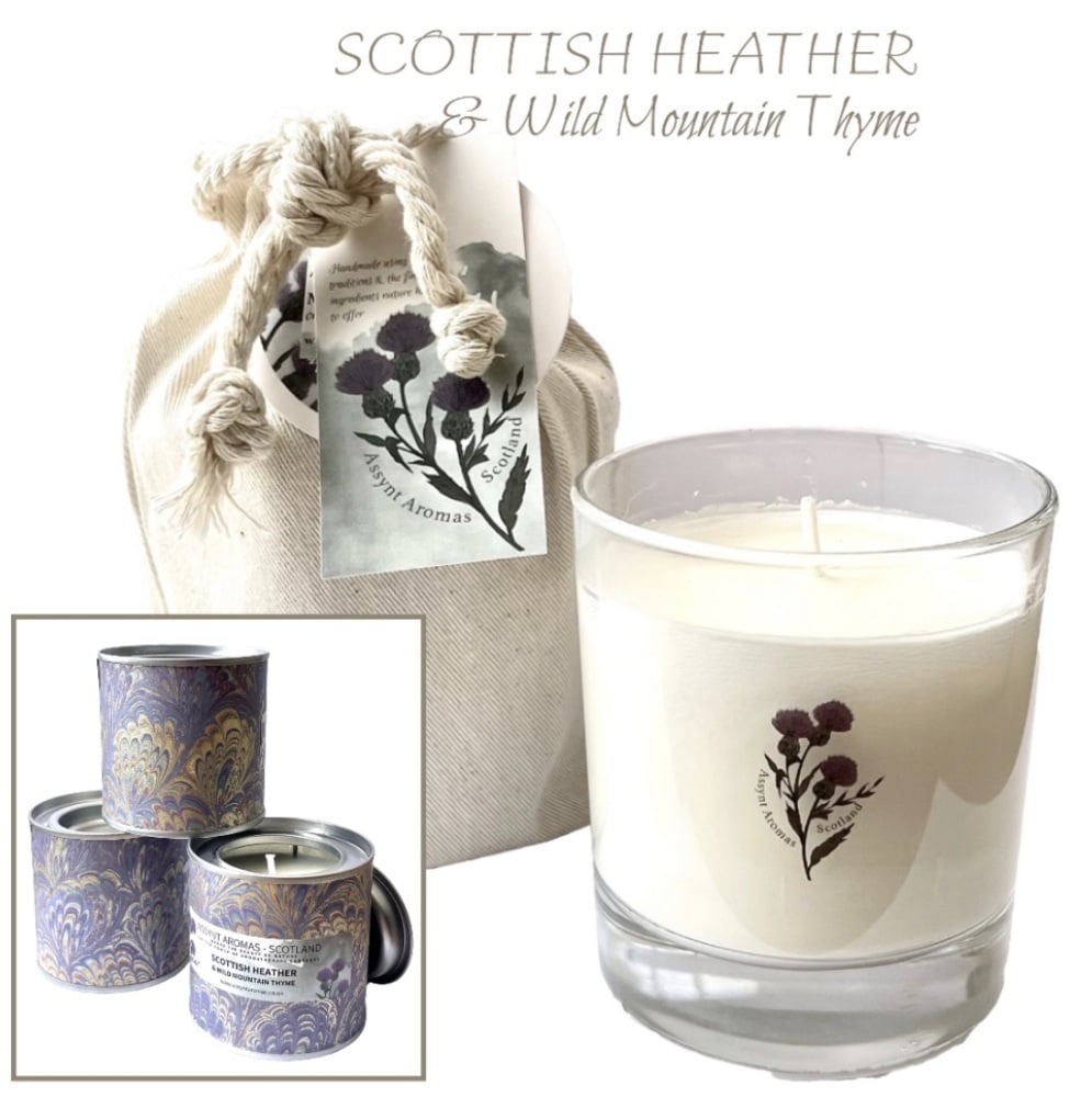 Scottish Heather & Wild Mountain Thyme  - natural essence plant wax candle with Heather flowers & essential oil of thyme